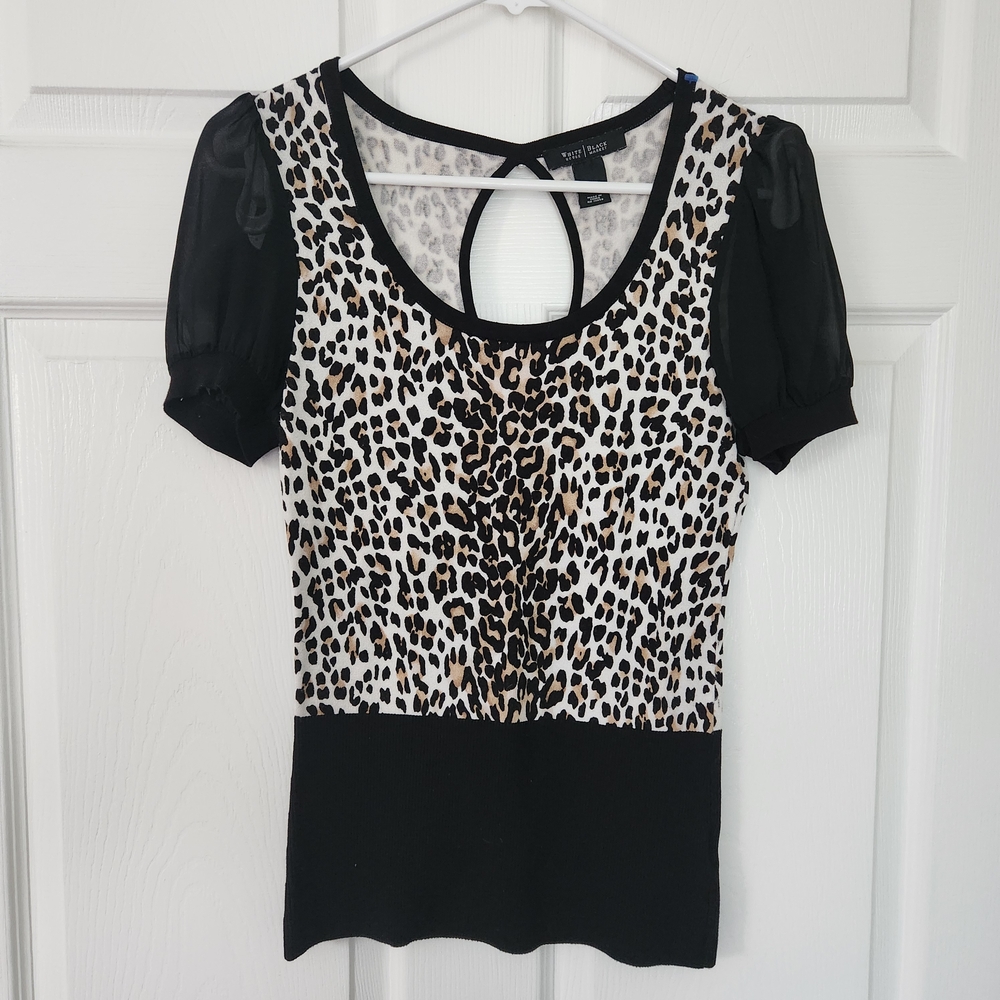 White House Black Market Black & Leopard Scoop Neck Short Sleeve Sweater, XS